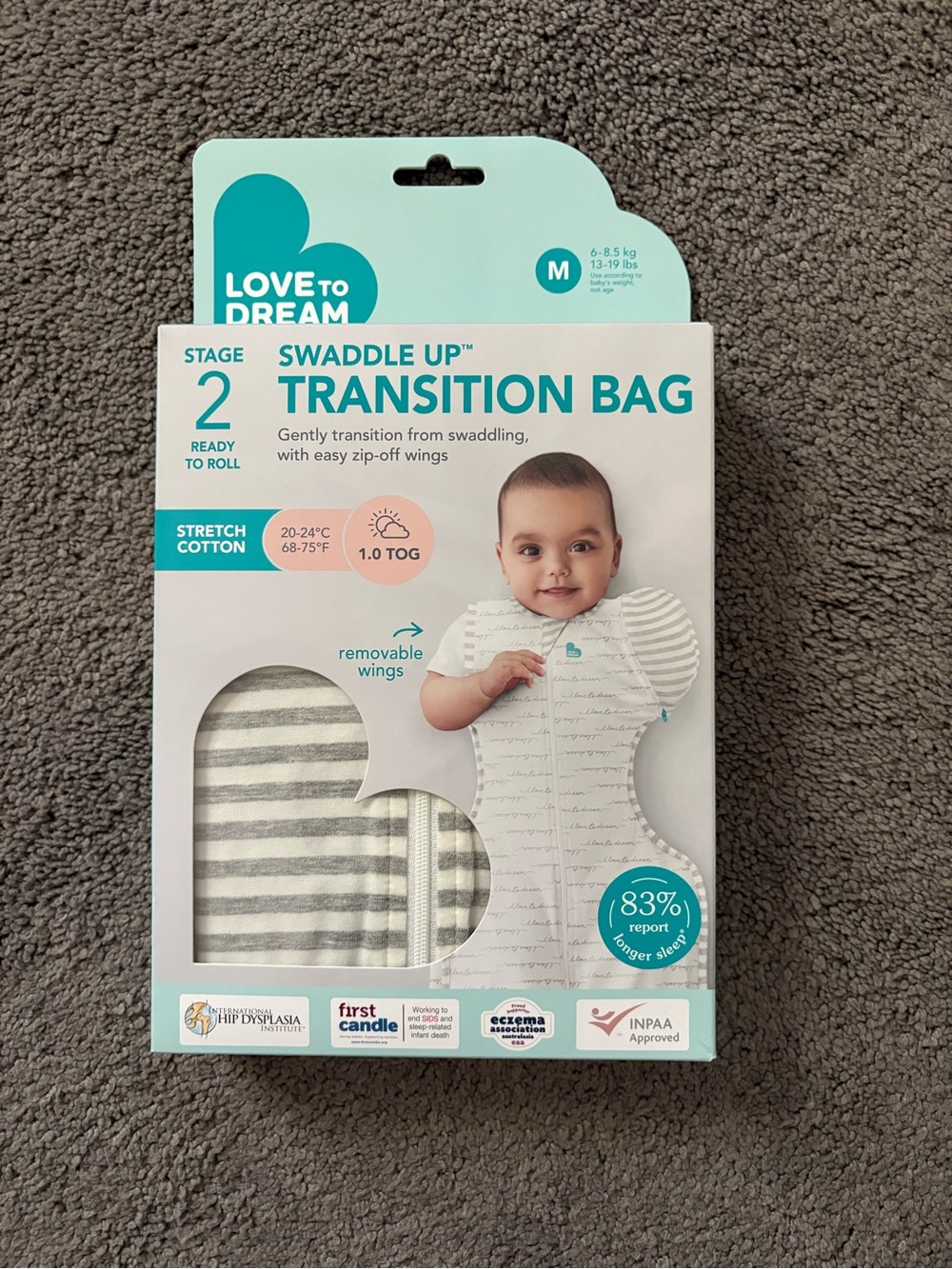 NWT Love to Dream Grey & White Striped Swaddle Up Transition Bag - M